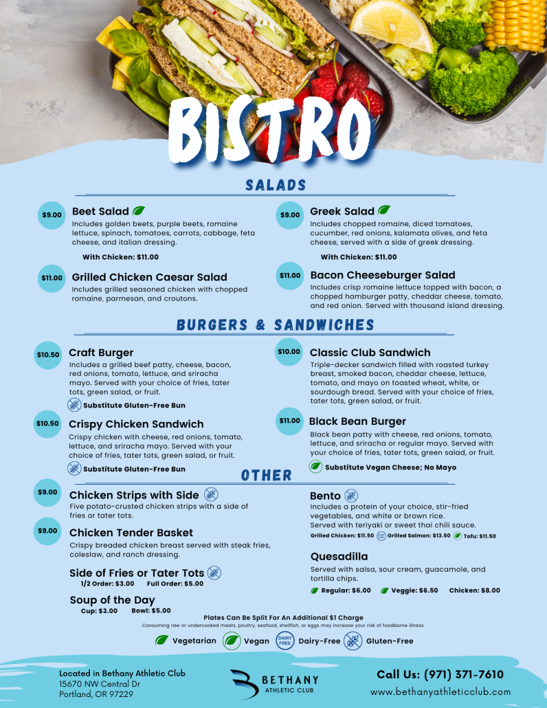 Bethany Athletic Club Bistro Lunch and Dinner Menu