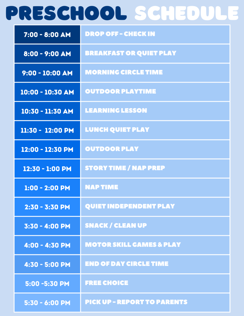 BKids Preschool Schedule. Daycare near Beaverton and Portland Oregon
