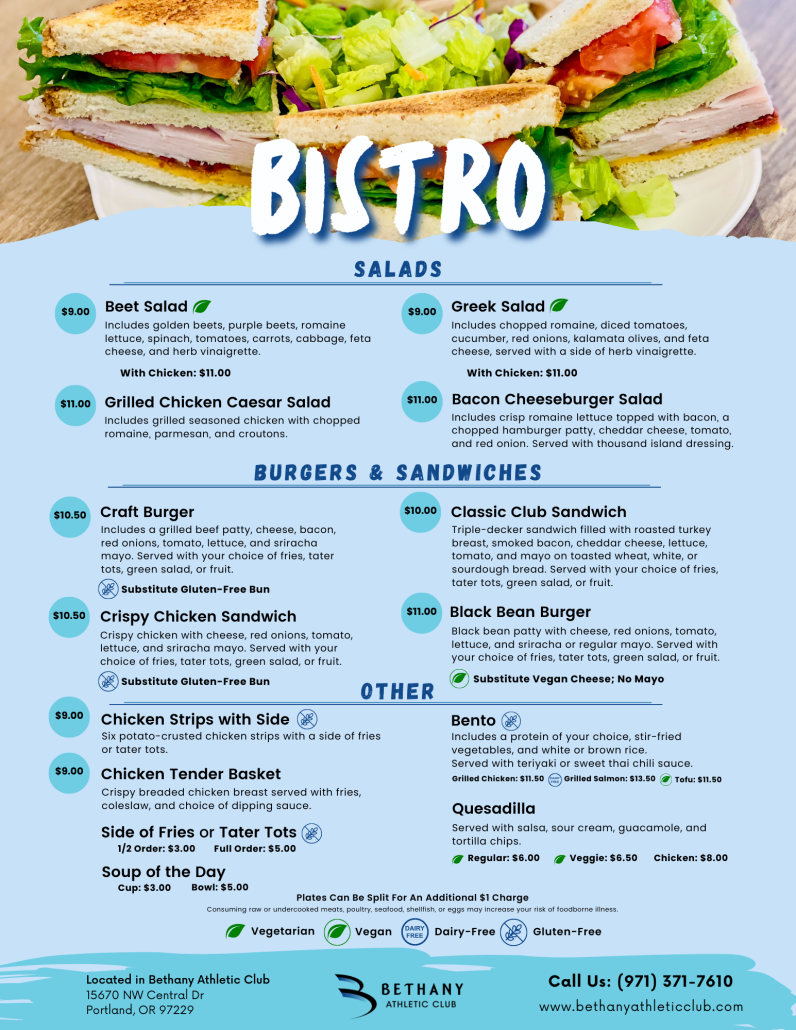 Bethany Athletic Club Bistro Lunch and Dinner Menu
